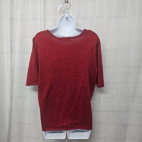 Patchington Tee Blouse Knit Red Metallic Silk Blend Glam Bling Layering L - Picture 5 of 10